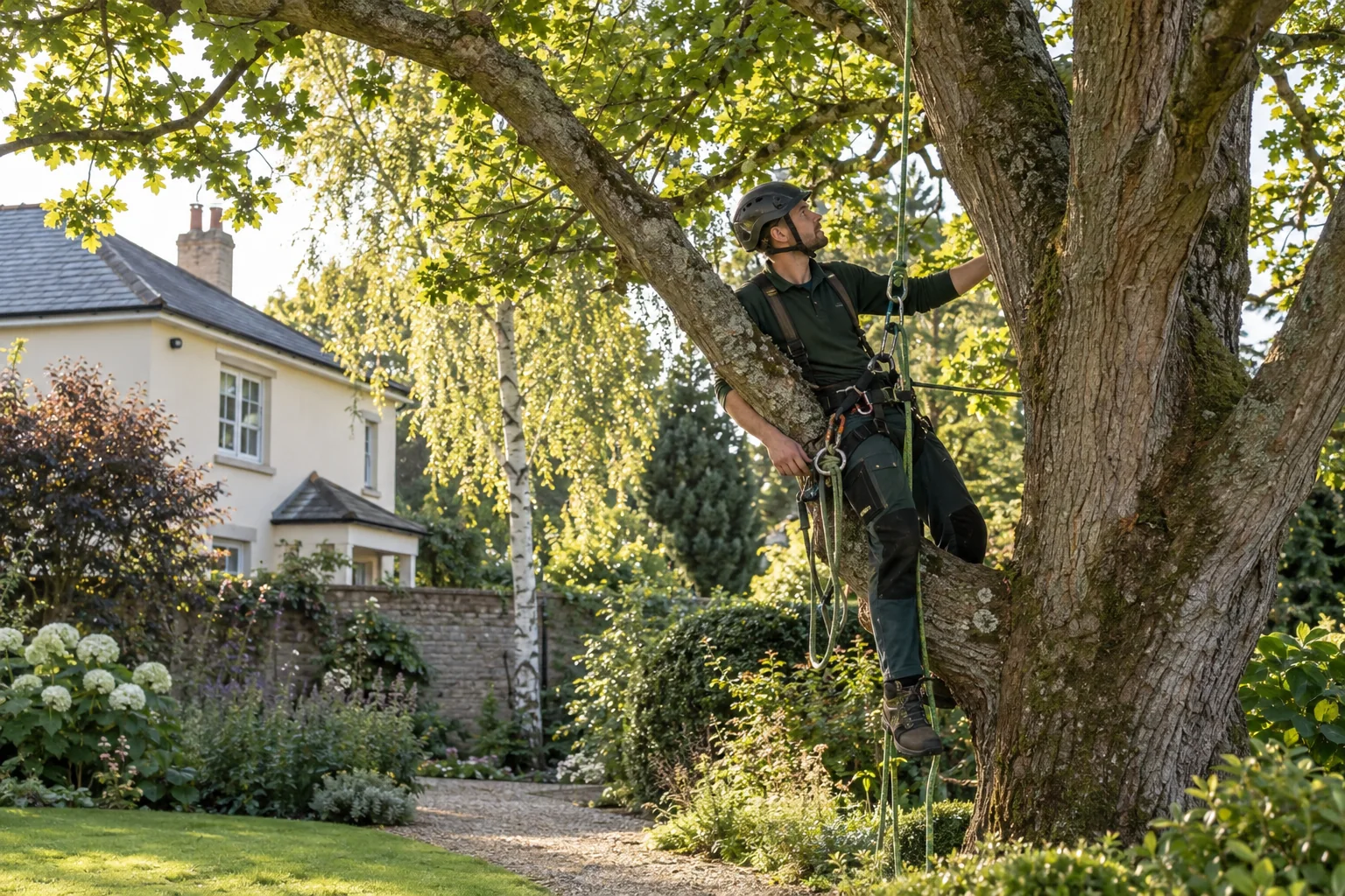 Roped arborist inspecting branching structure