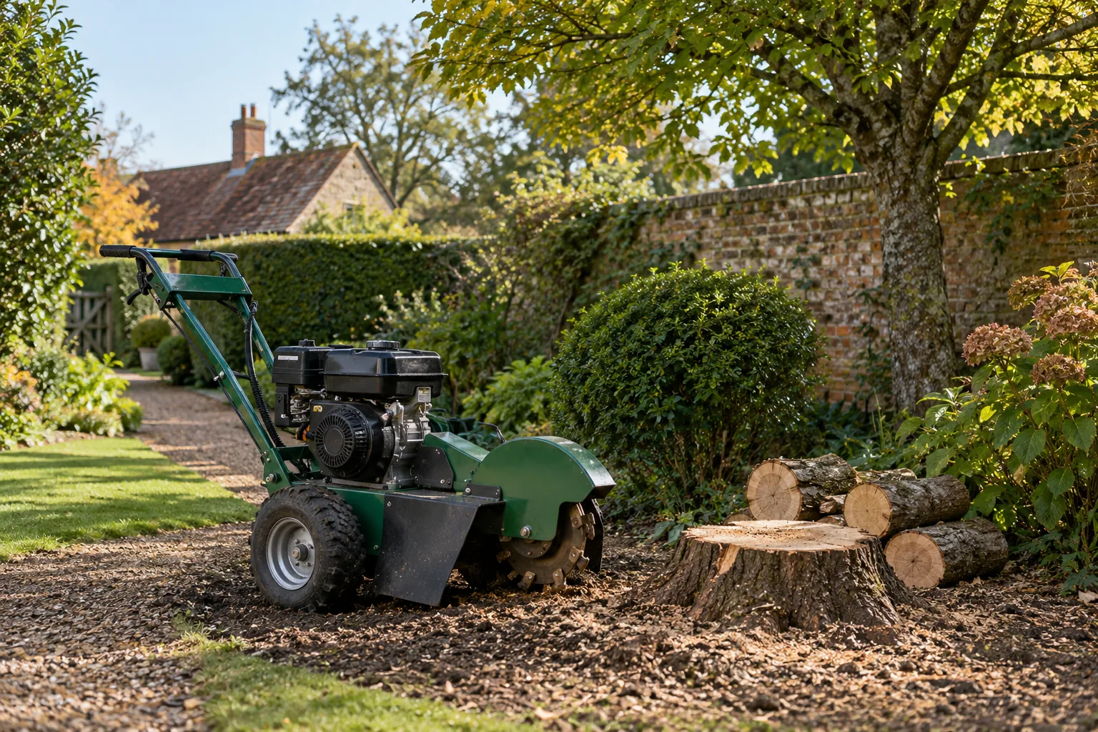 Stationary stump grinder beside a garden stump
