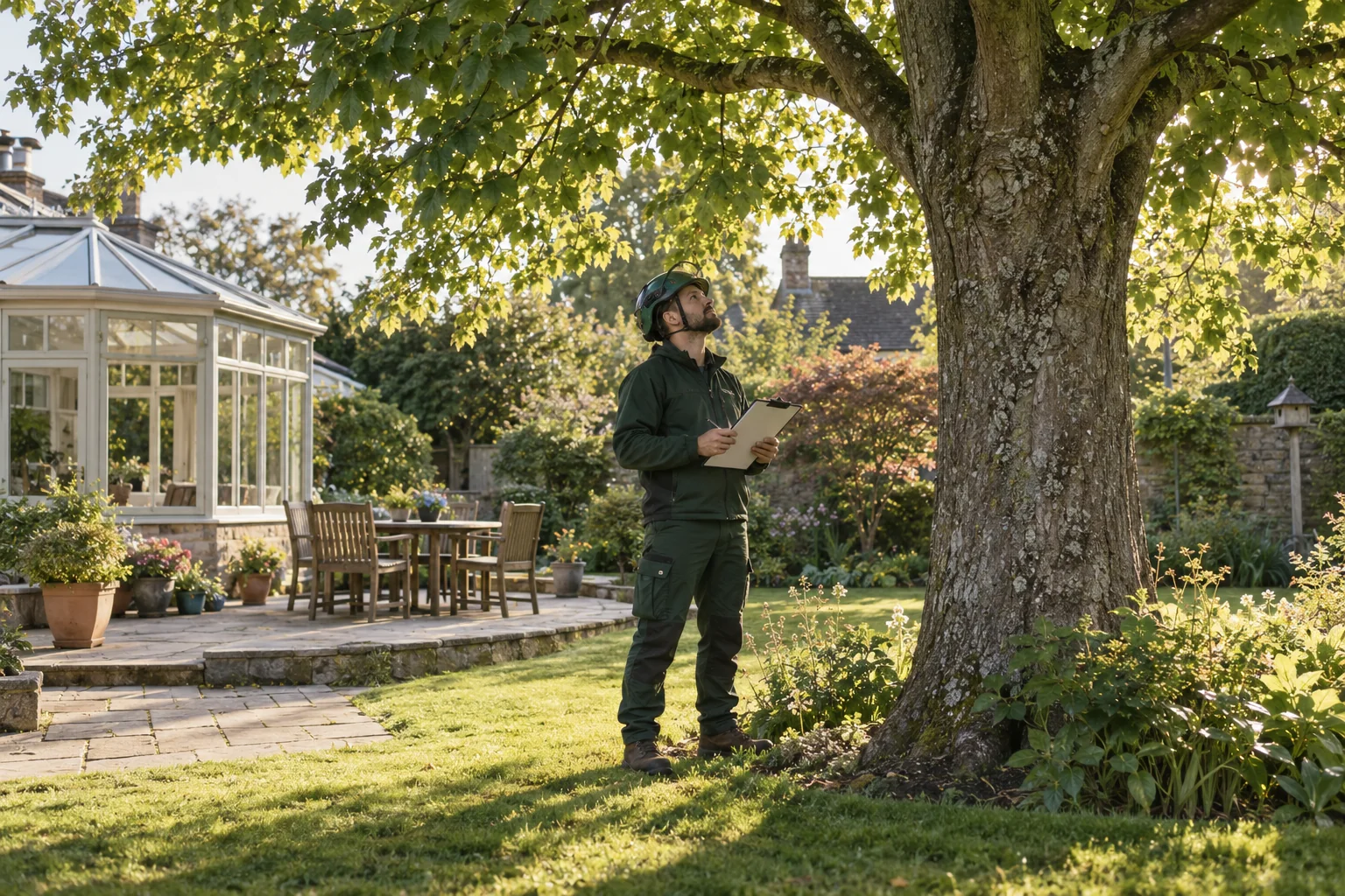 Arborist assessing a mature tree from ground level