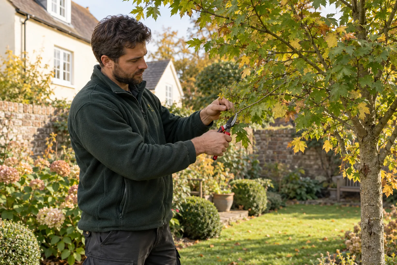 Careful pruning of a garden tree branch