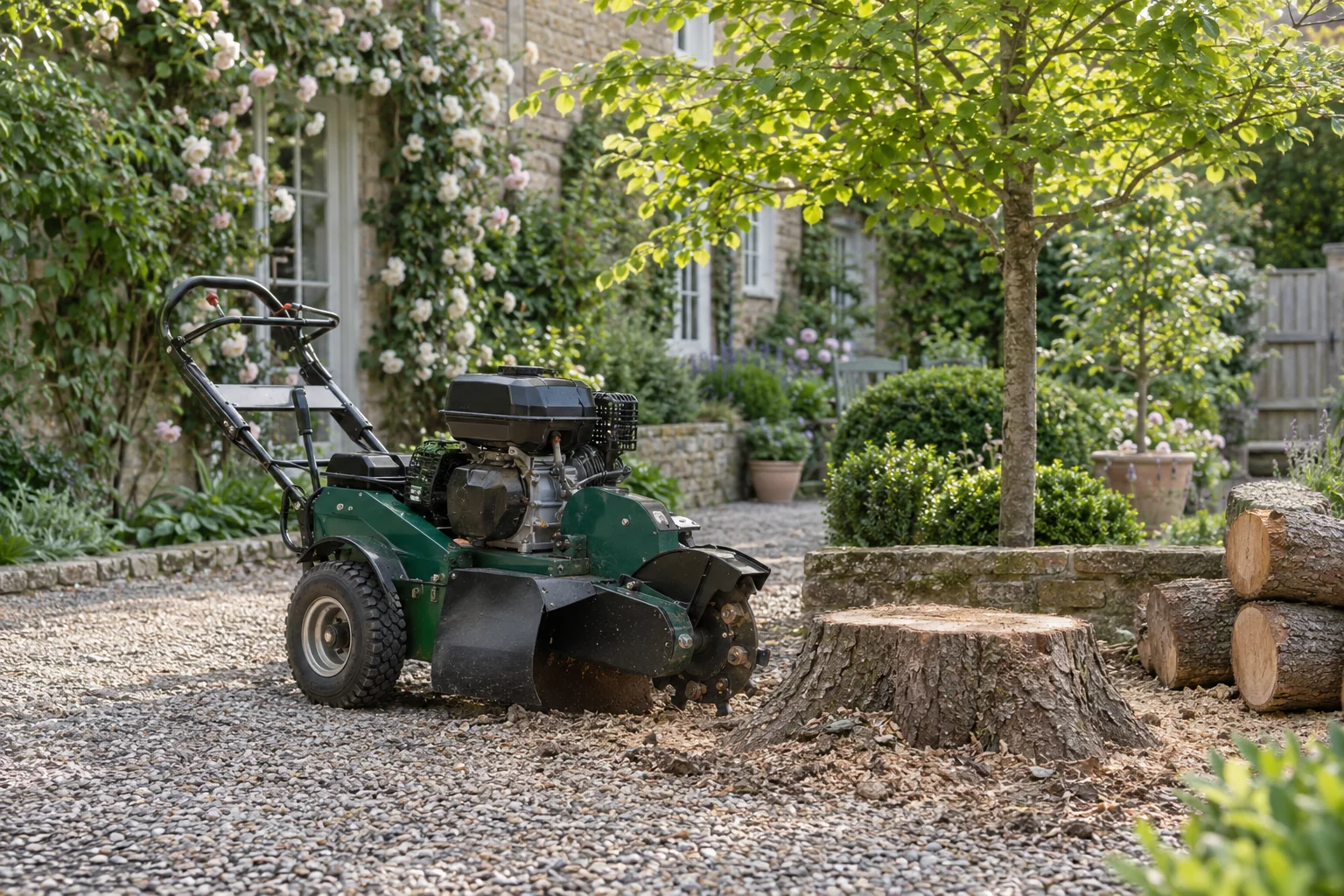 Stationary stump grinder beside a garden stump