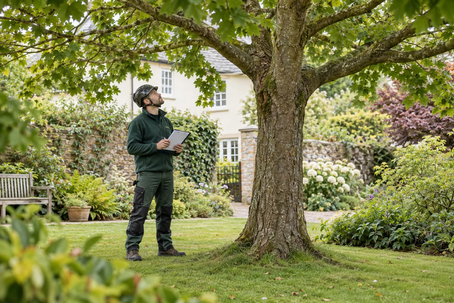 Arborist assessing a mature tree from ground level