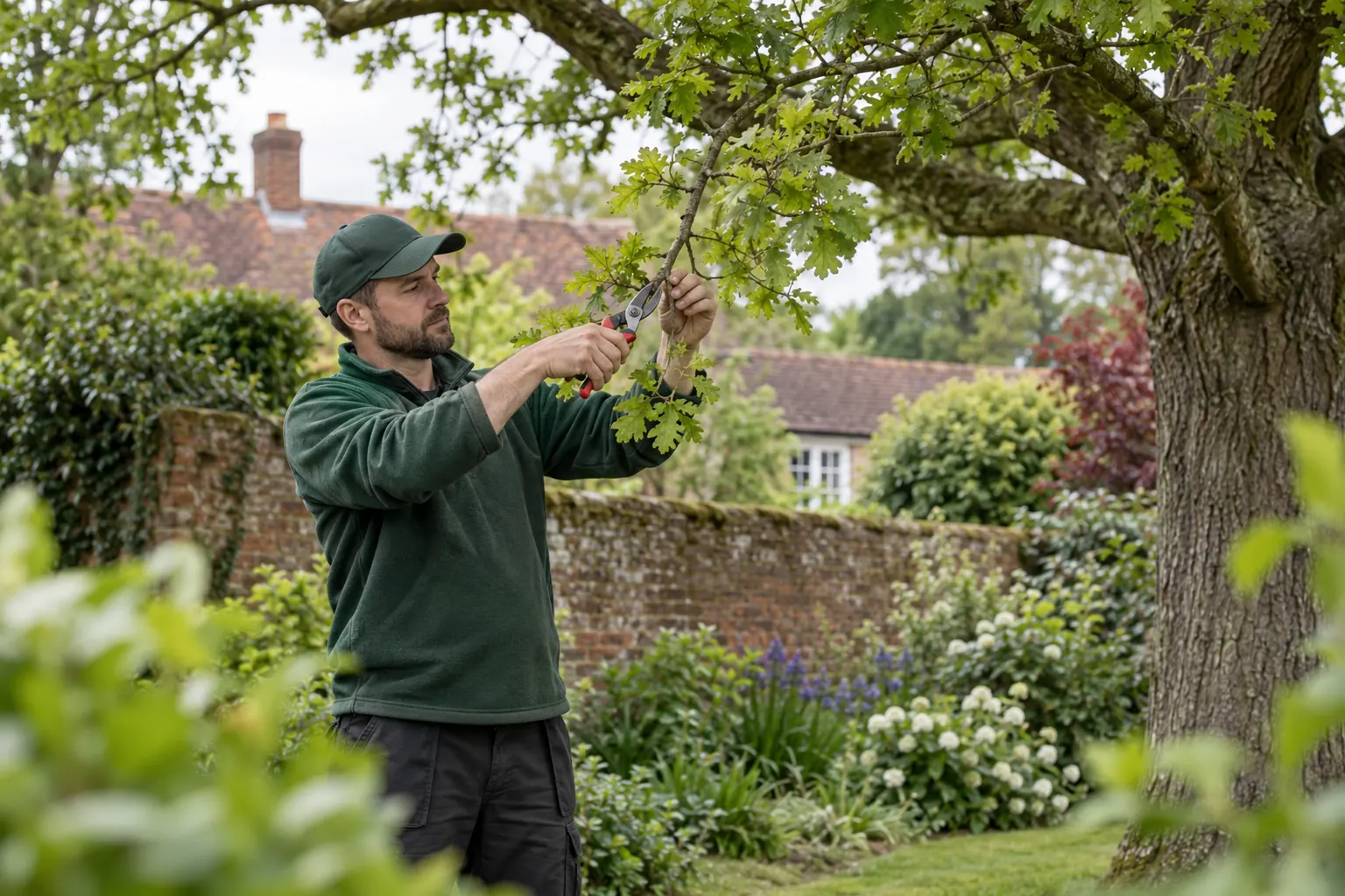 Careful pruning of a garden tree branch