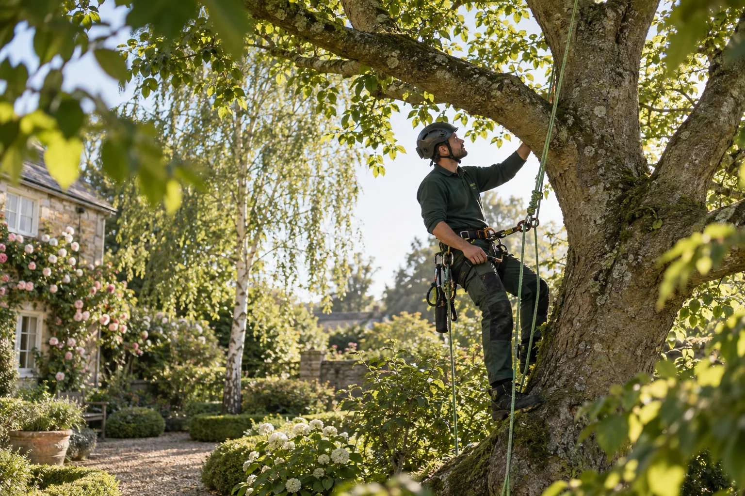Roped arborist inspecting branching structure