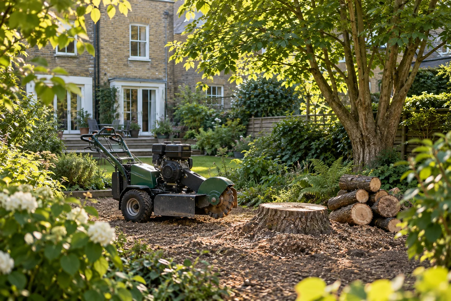 Stationary stump grinder beside a garden stump