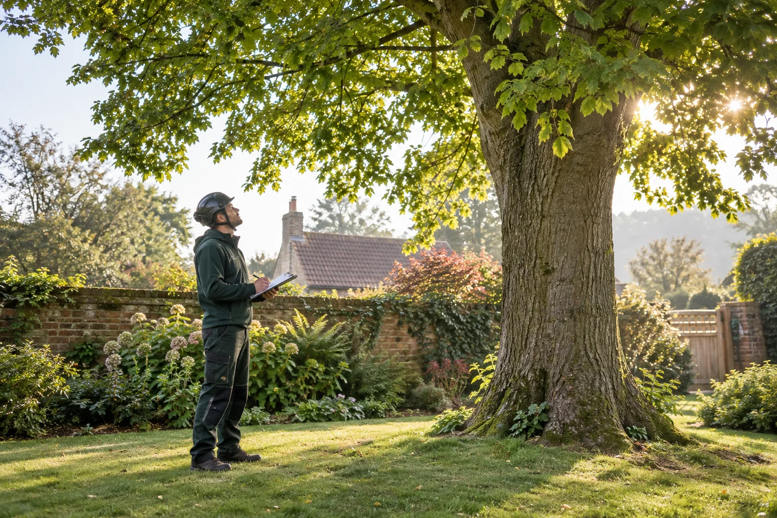 Arborist assessing a mature tree from ground level