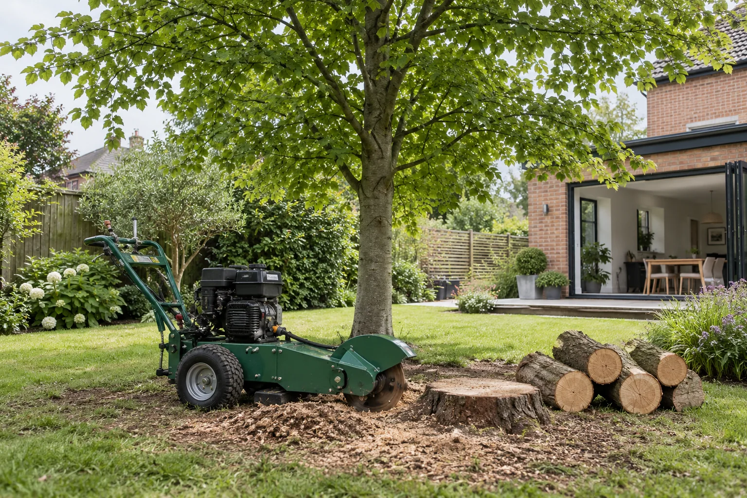 Stationary stump grinder beside a garden stump