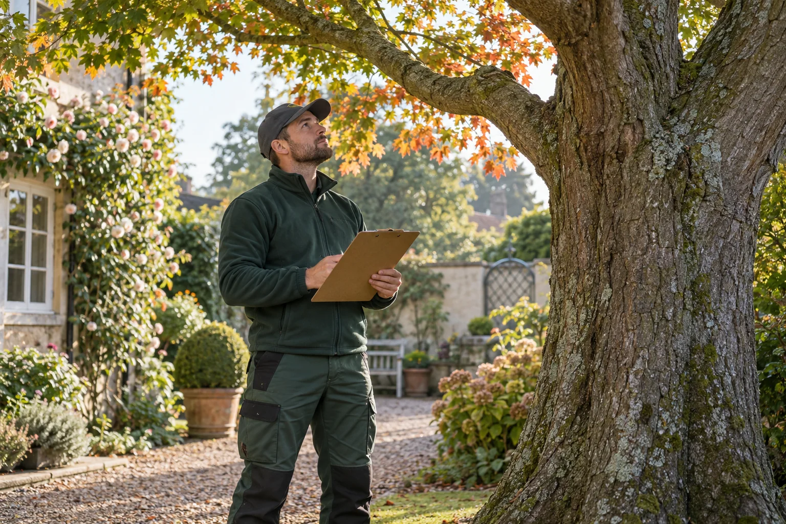 Arborist assessing a mature tree from ground level