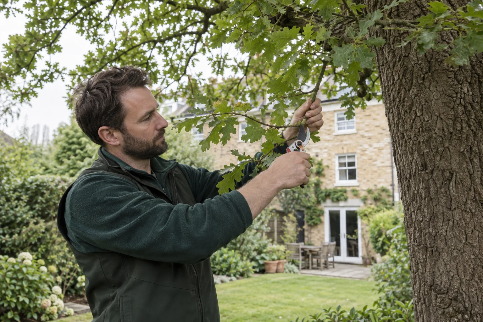 Careful pruning of a garden tree branch