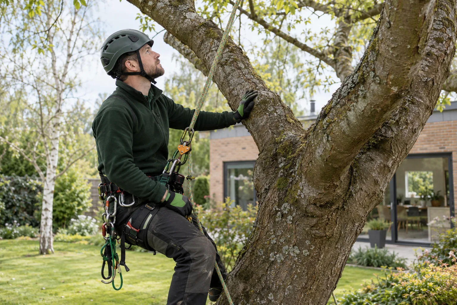 Roped arborist inspecting branching structure
