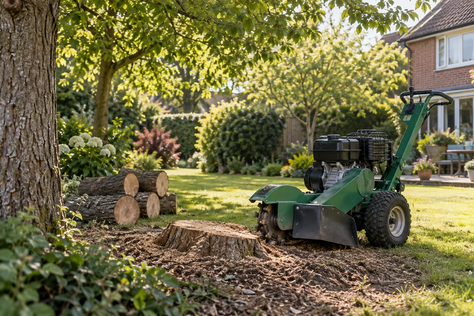 Stationary stump grinder beside a garden stump