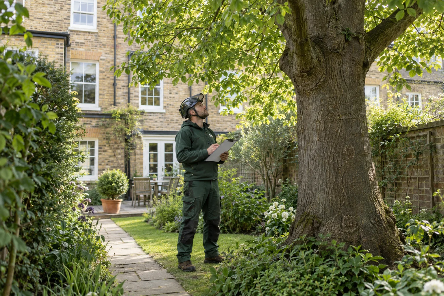 Arborist assessing a mature tree from ground level