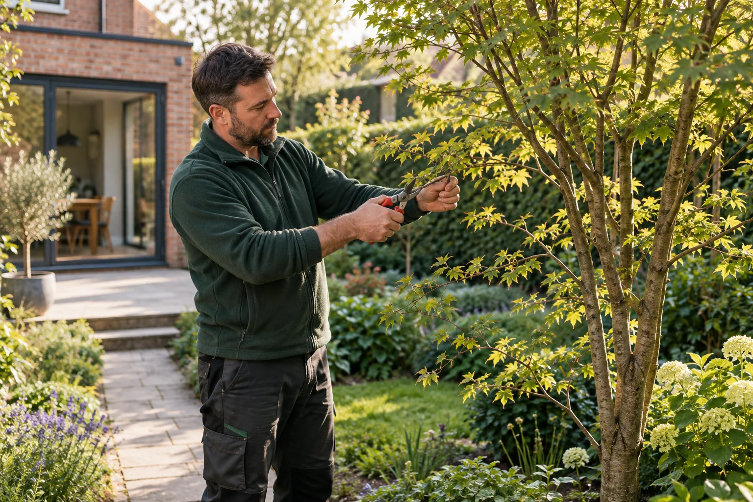 Careful pruning of a garden tree branch