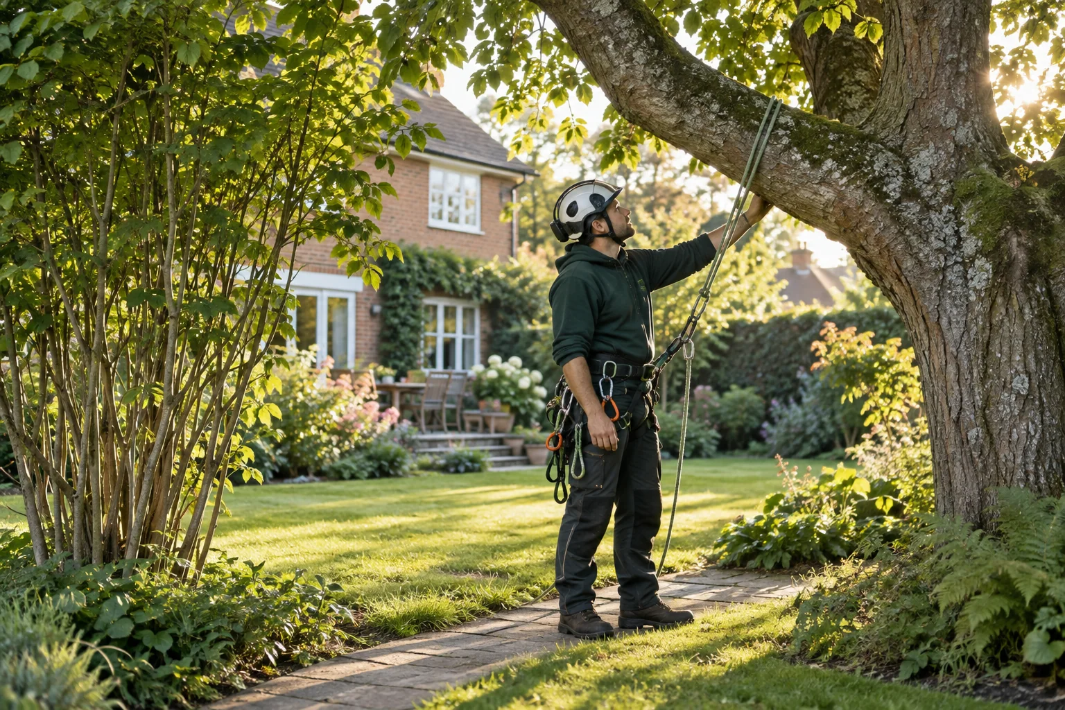 Roped arborist inspecting branching structure