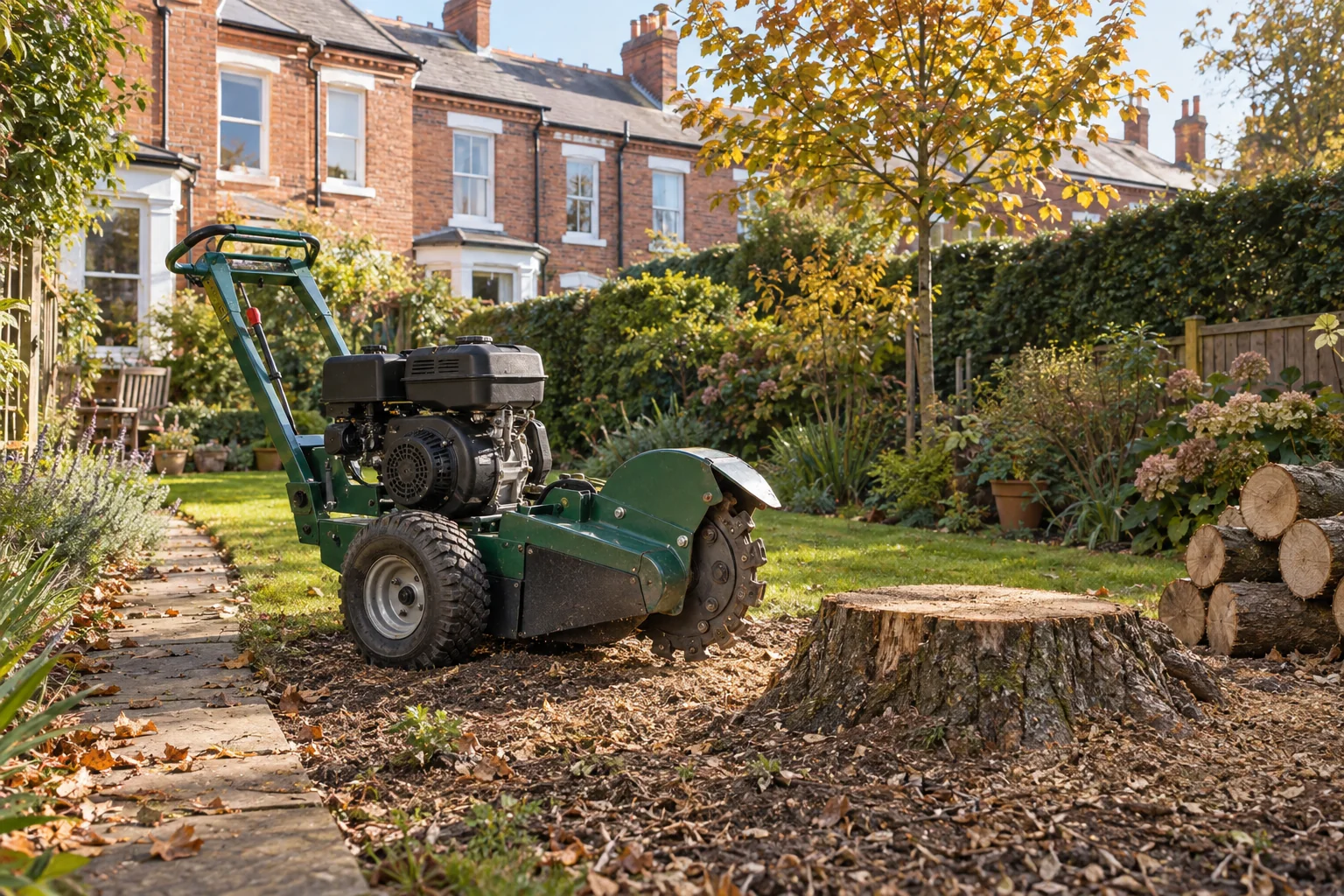 Stationary stump grinder beside a garden stump