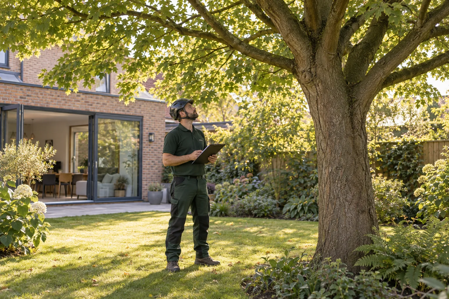Arborist assessing a mature tree from ground level