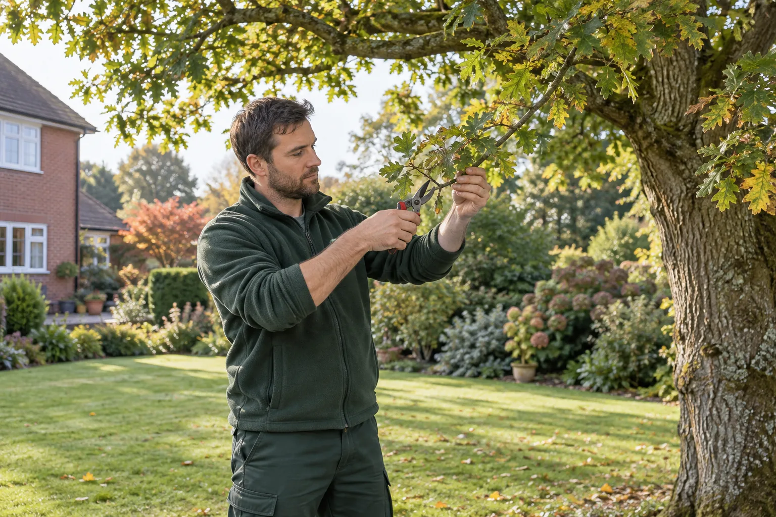Careful pruning of a garden tree branch