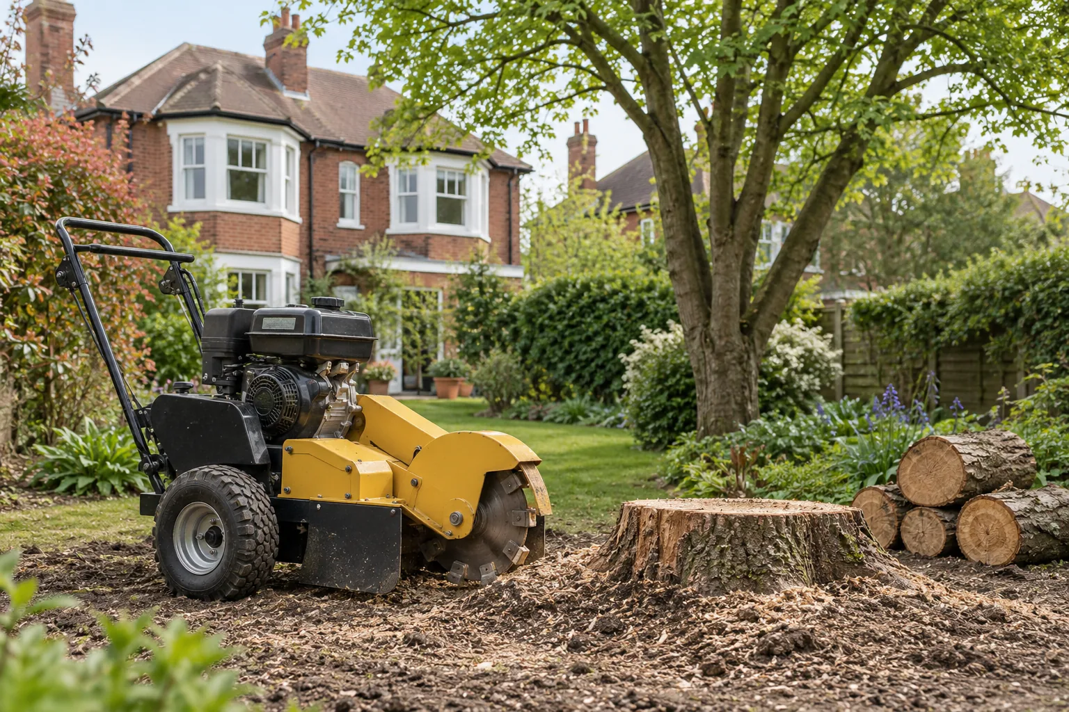 Stationary stump grinder beside a garden stump