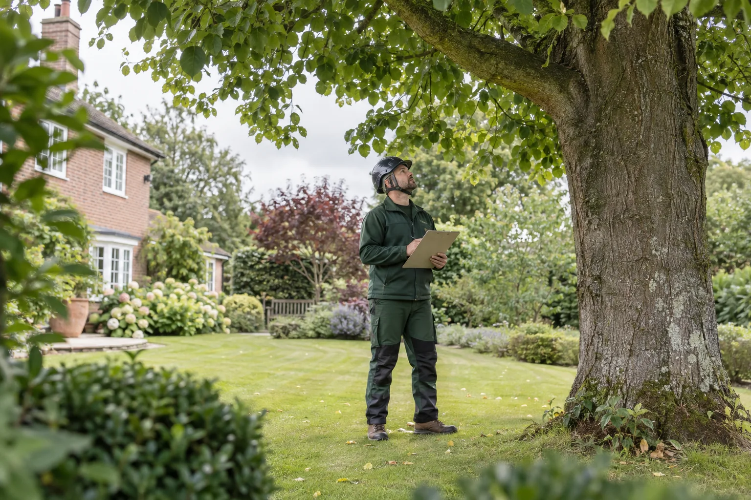 Arborist assessing a mature tree from ground level