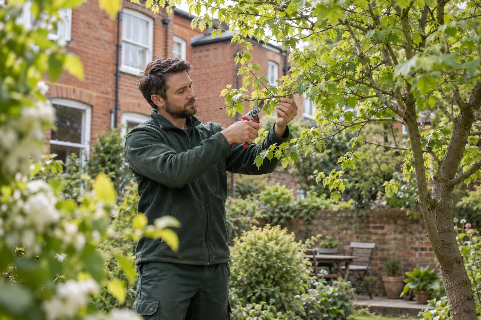 Careful pruning of a garden tree branch