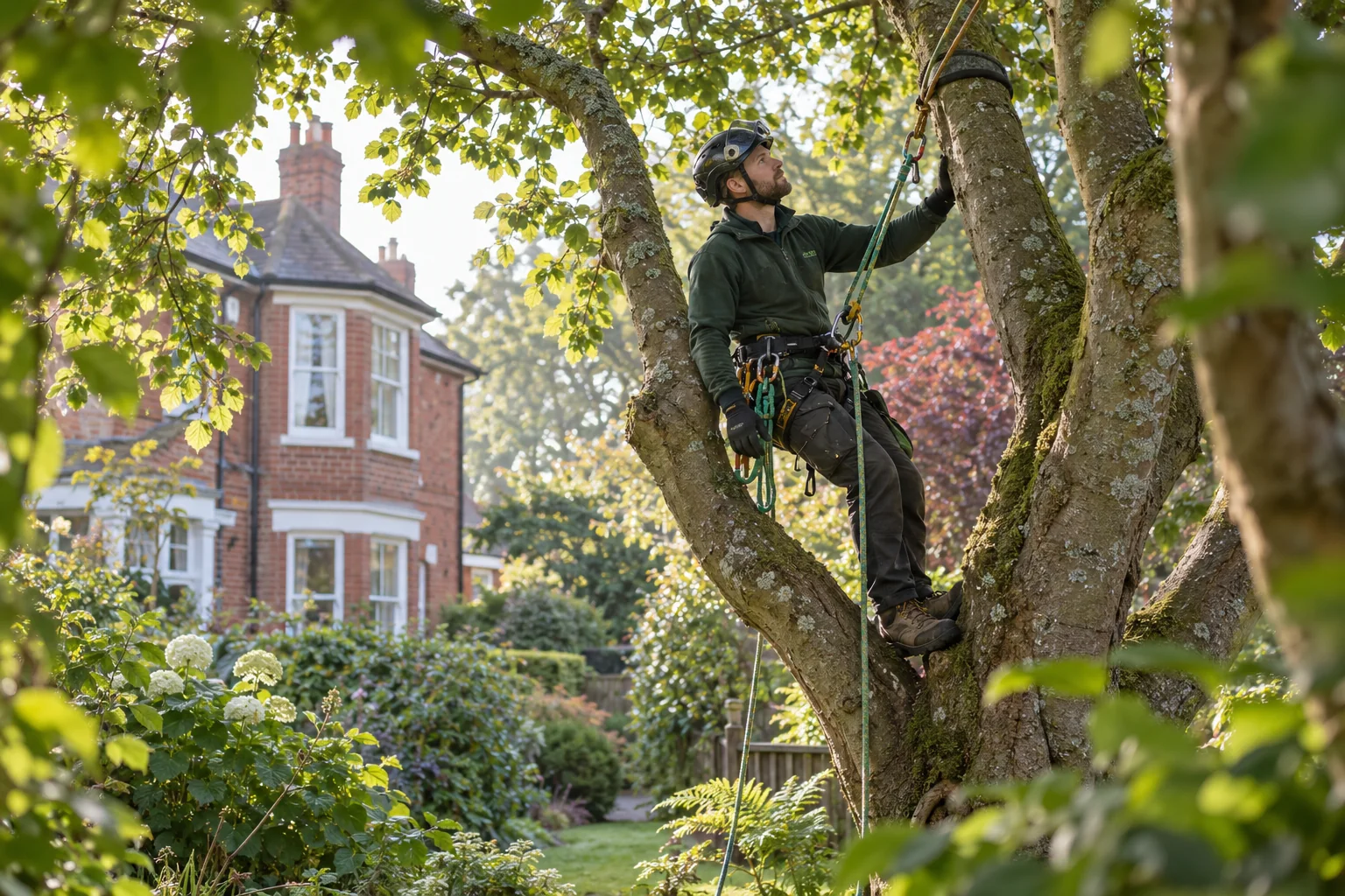 Roped arborist inspecting branching structure