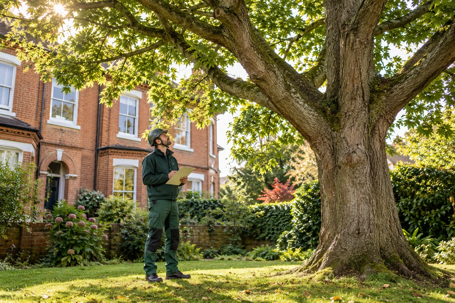 Arborist assessing a mature tree from ground level