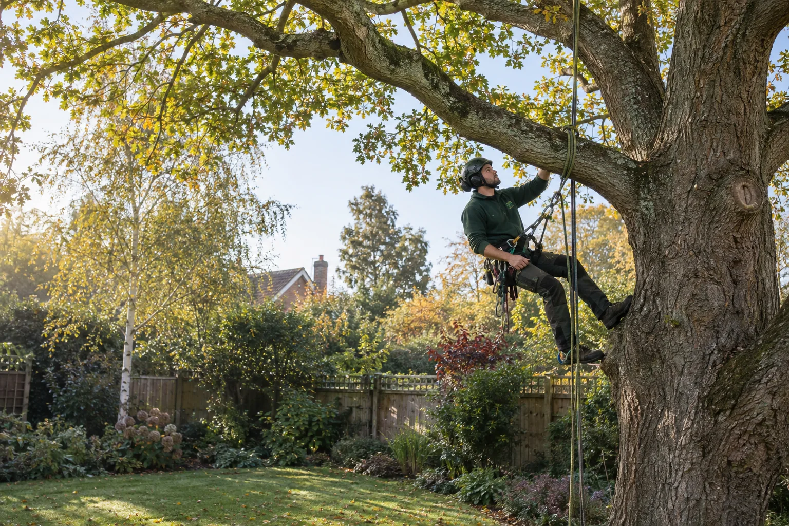 Roped arborist inspecting branching structure