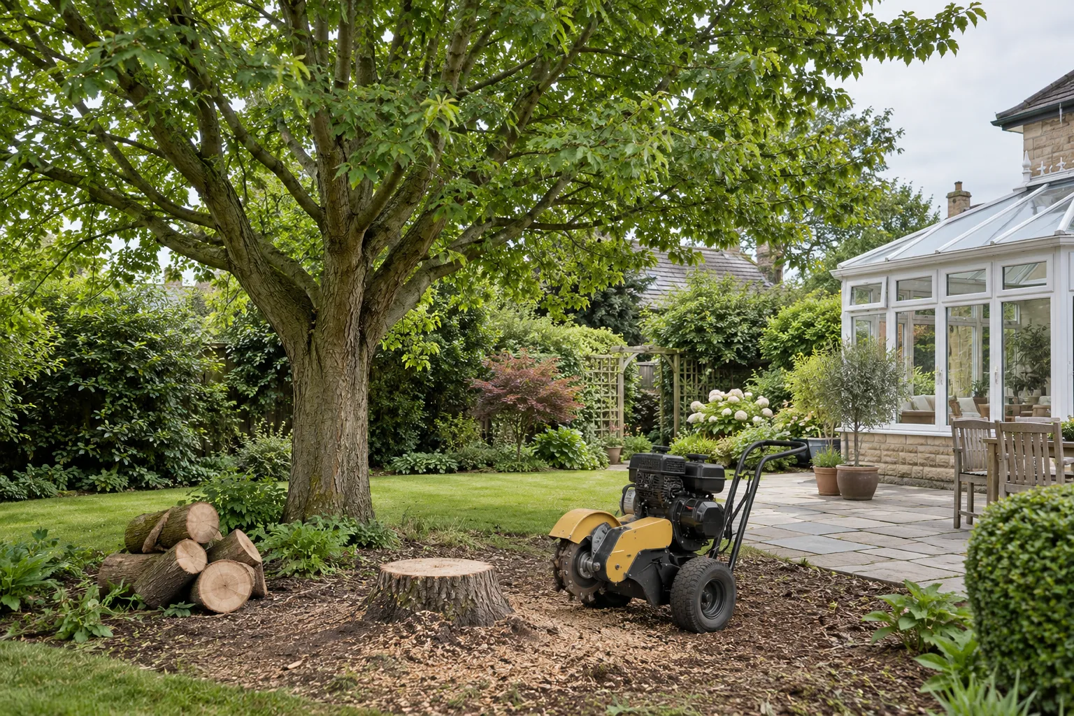 Stationary stump grinder beside a garden stump