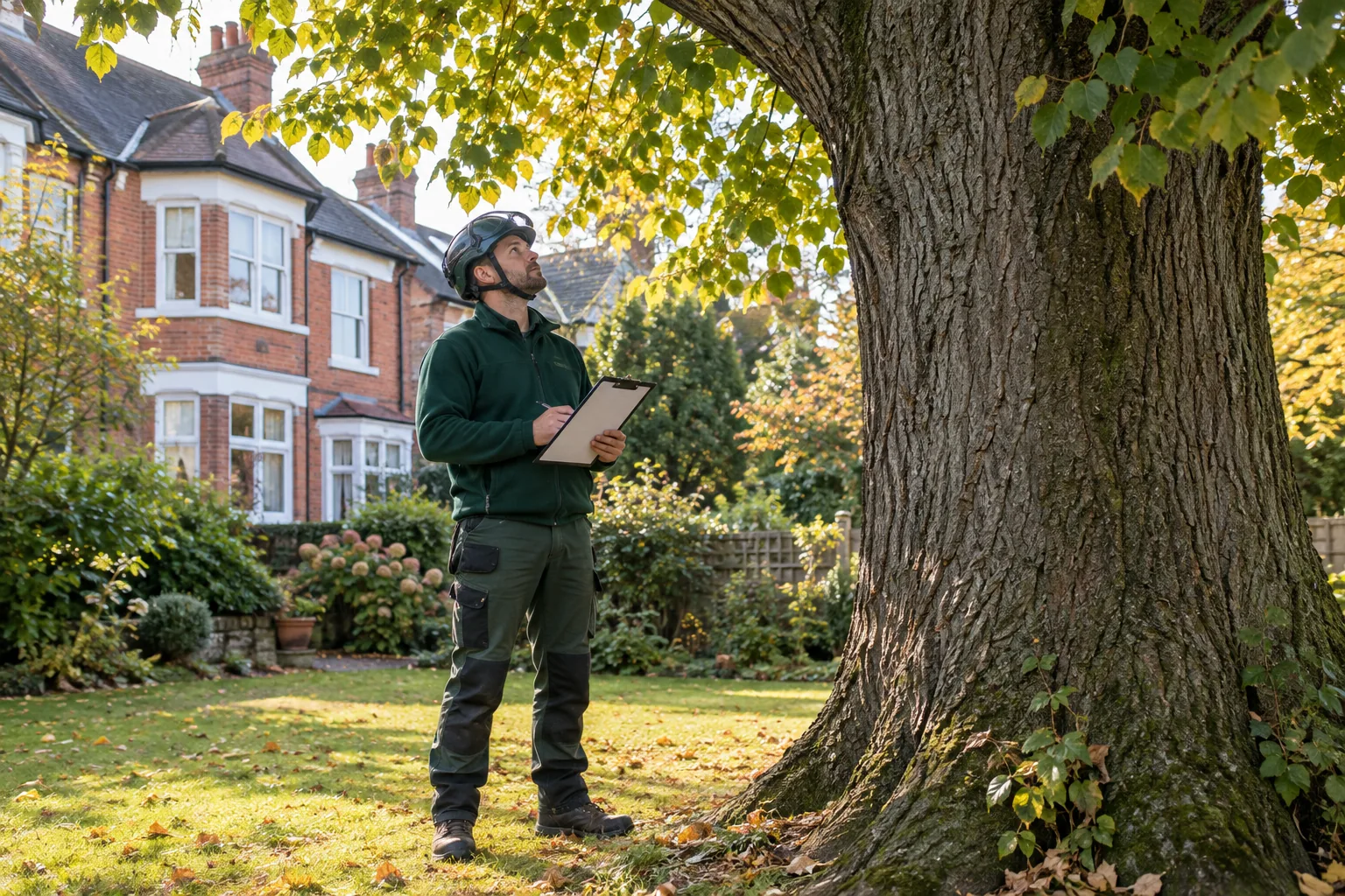 Arborist assessing a mature tree from ground level