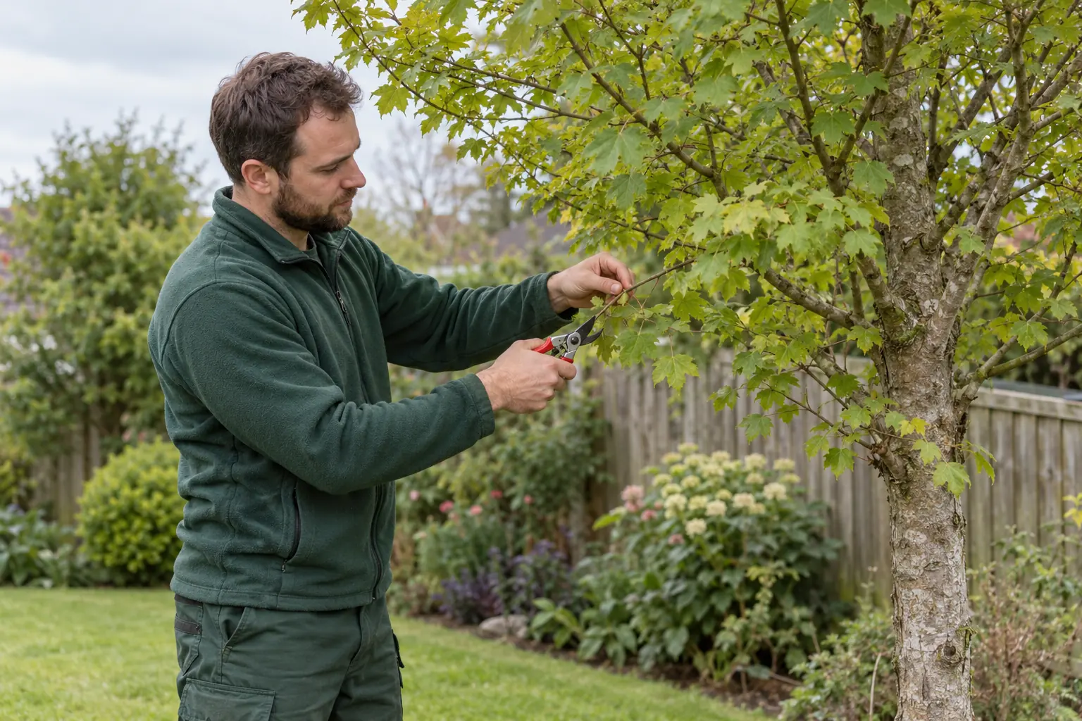 Careful pruning of a garden tree branch