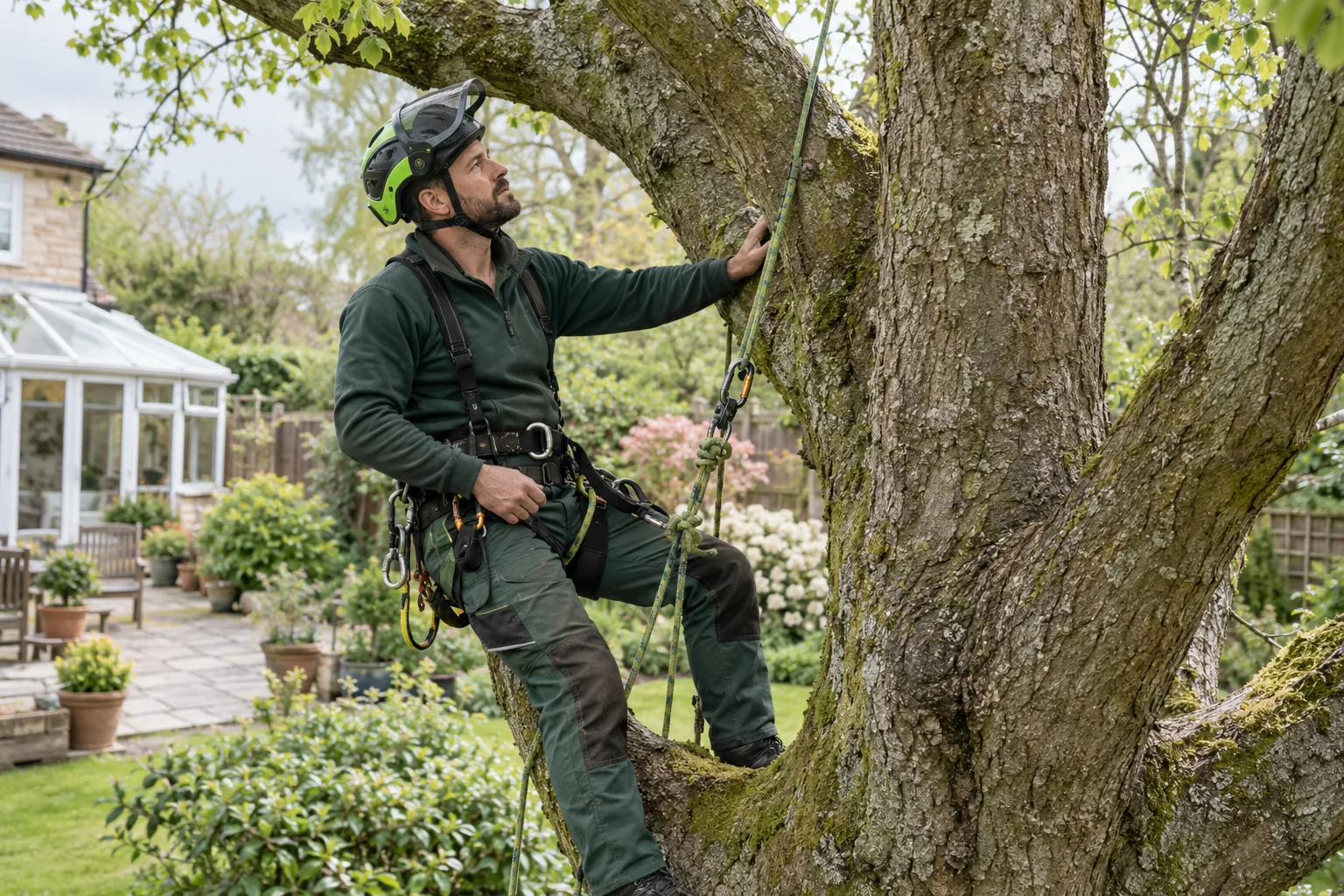 Roped arborist inspecting branching structure