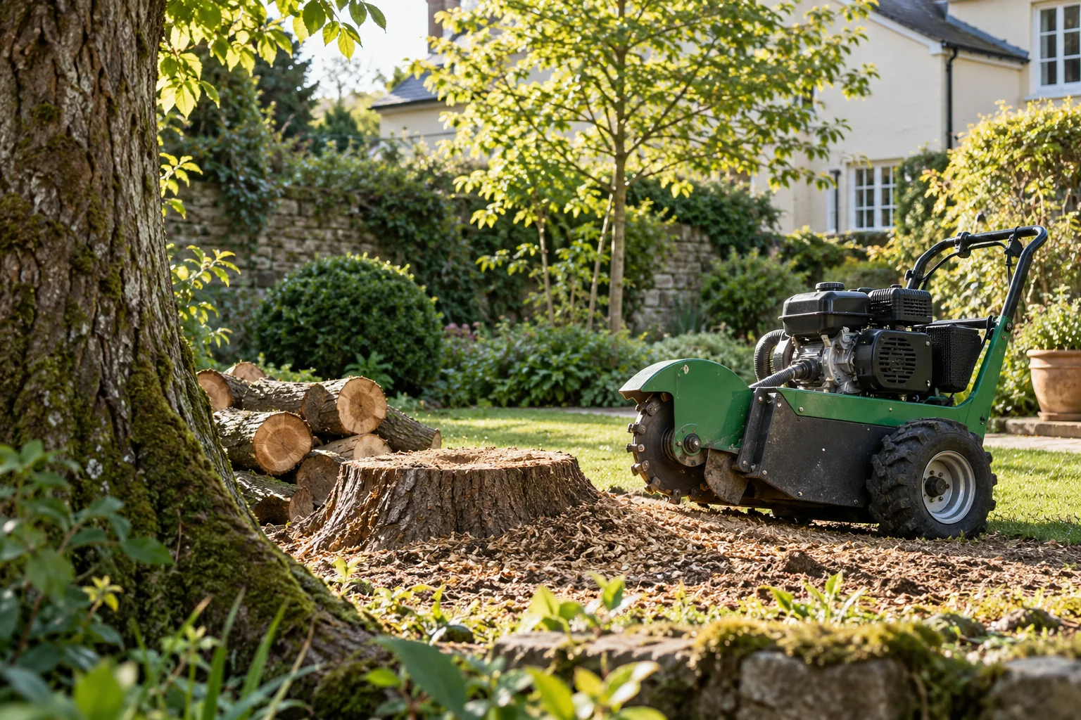 Stationary stump grinder beside a garden stump