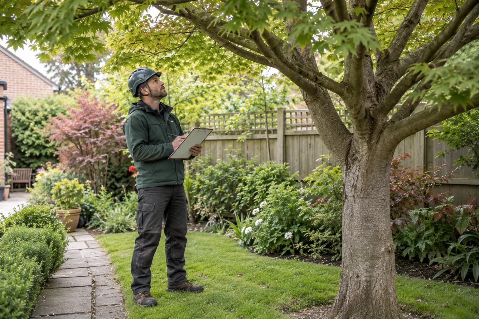 Arborist assessing a mature tree from ground level