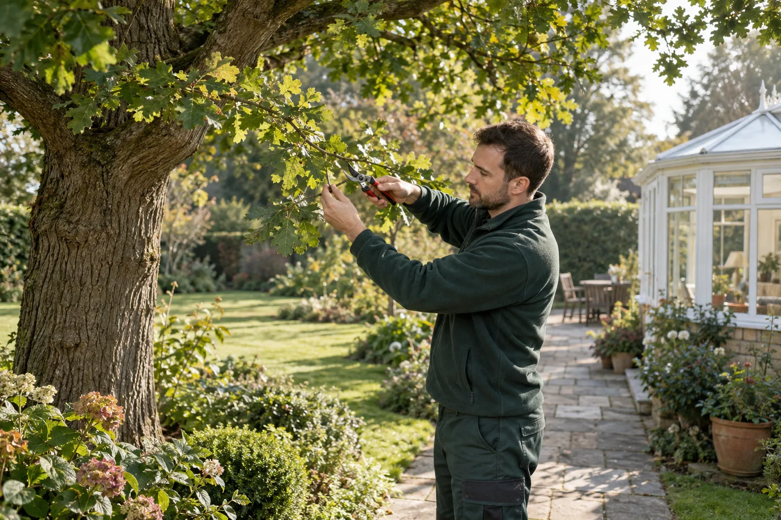 Careful pruning of a garden tree branch