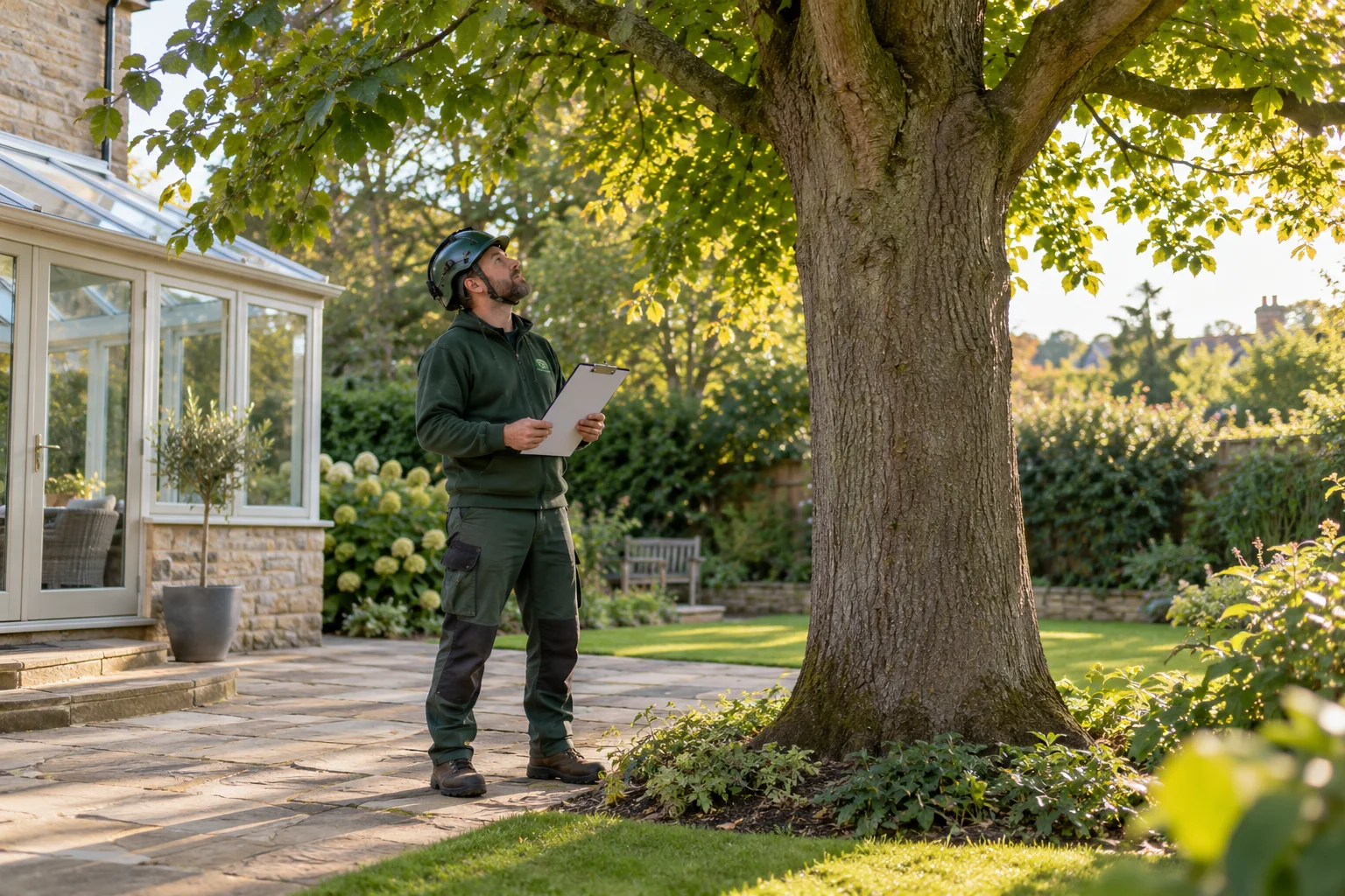 Arborist assessing a mature tree from ground level