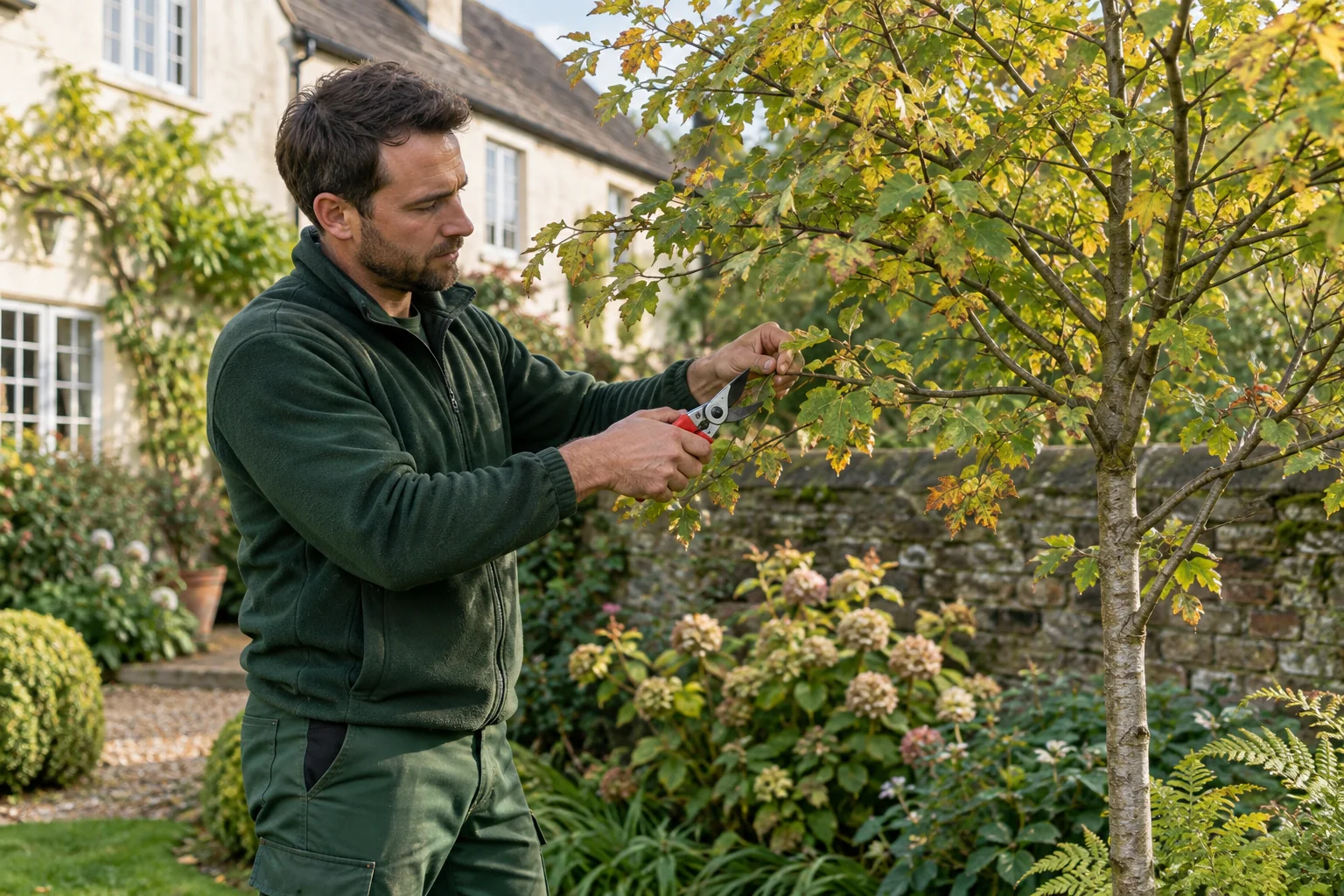 Careful pruning of a garden tree branch