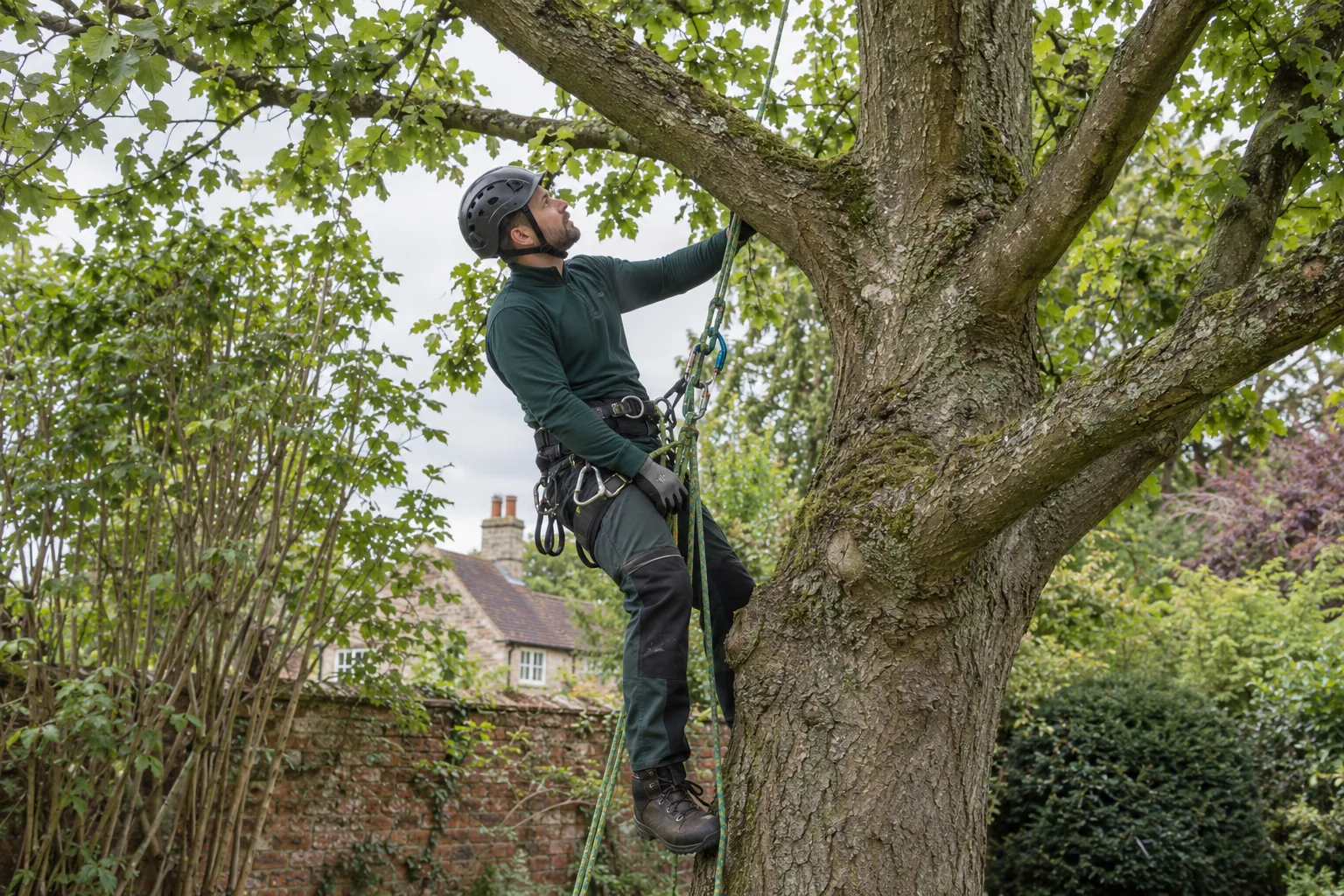 Roped arborist inspecting branching structure