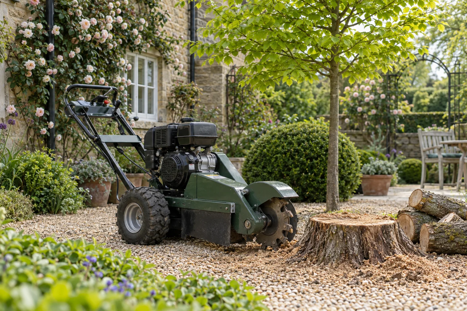 Stationary stump grinder beside a garden stump