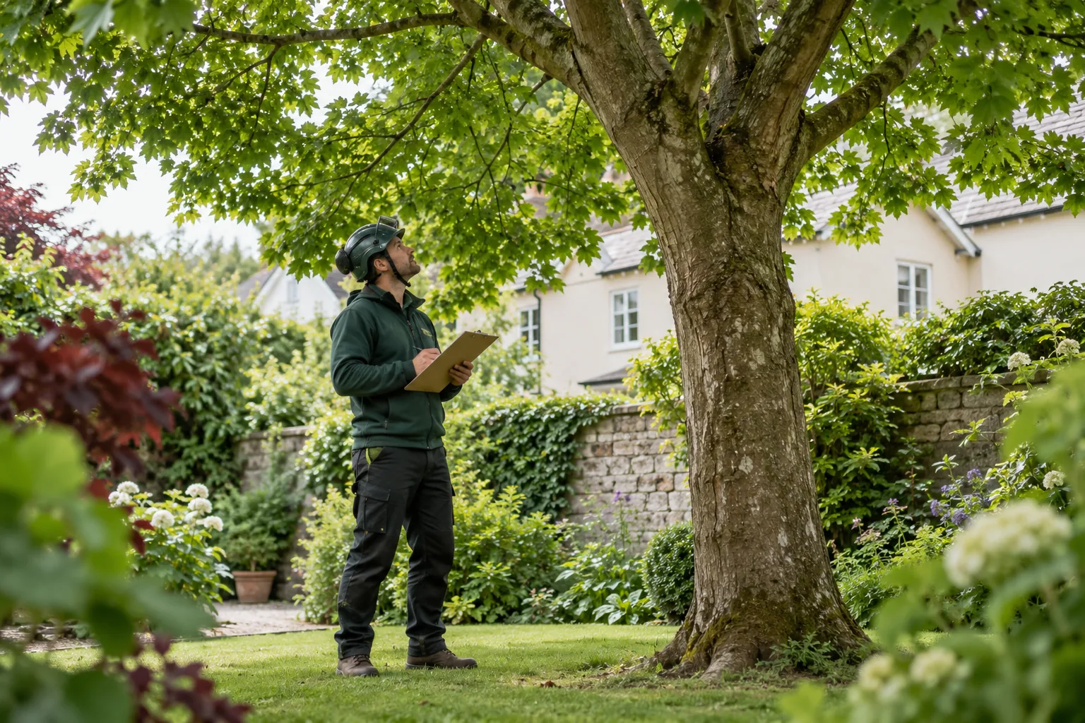 Arborist assessing a mature tree from ground level