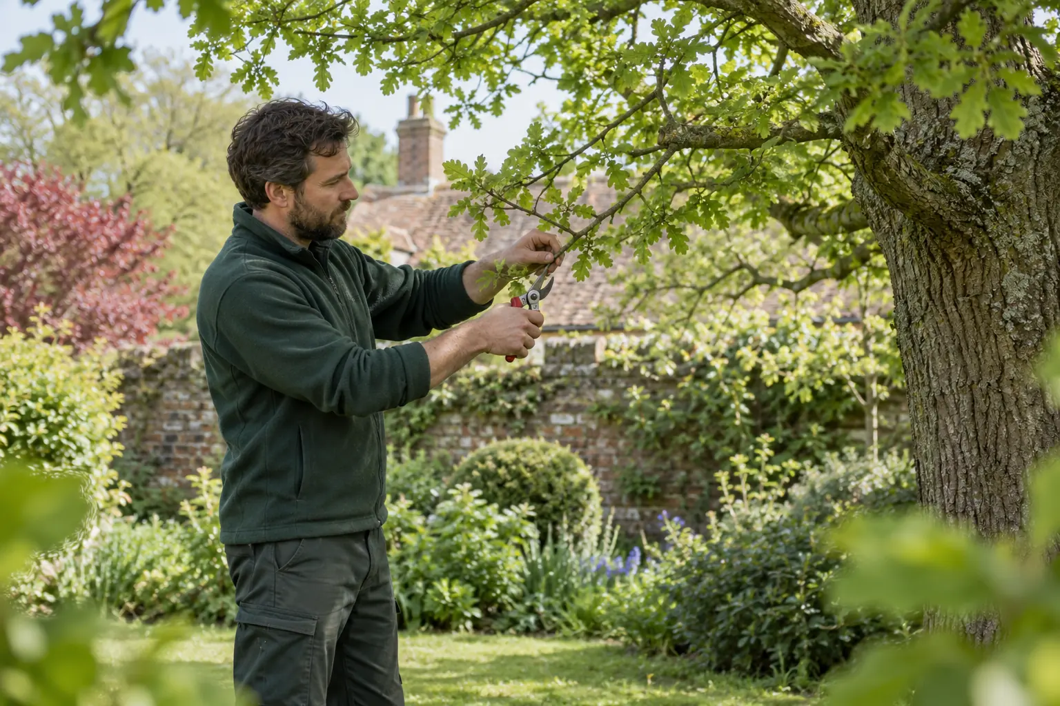 Careful pruning of a garden tree branch