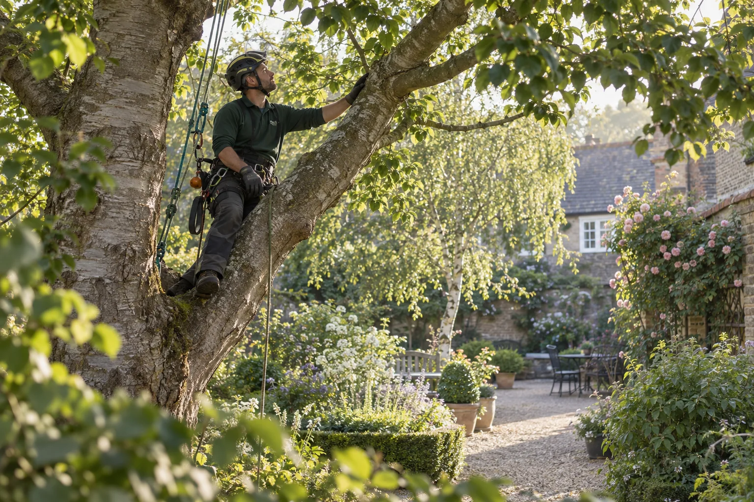 Roped arborist inspecting branching structure