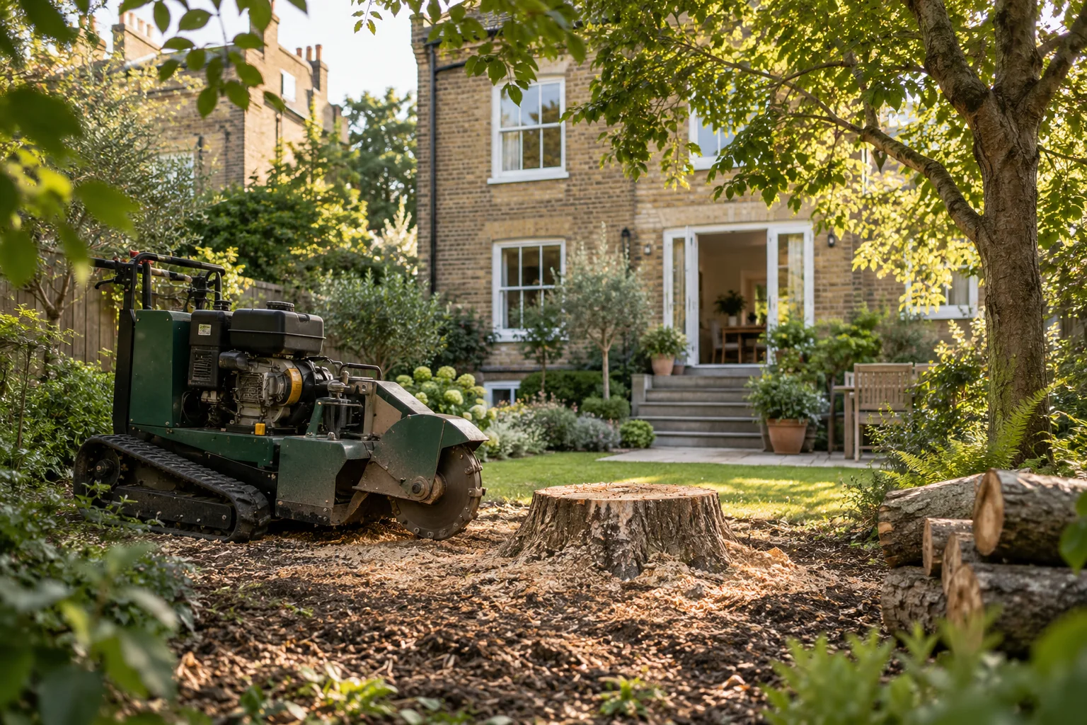 Stationary stump grinder beside a garden stump