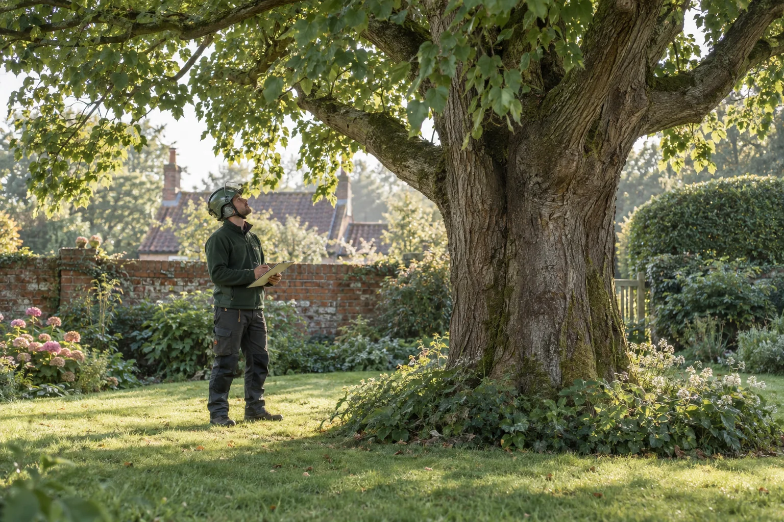 Arborist assessing a mature tree from ground level