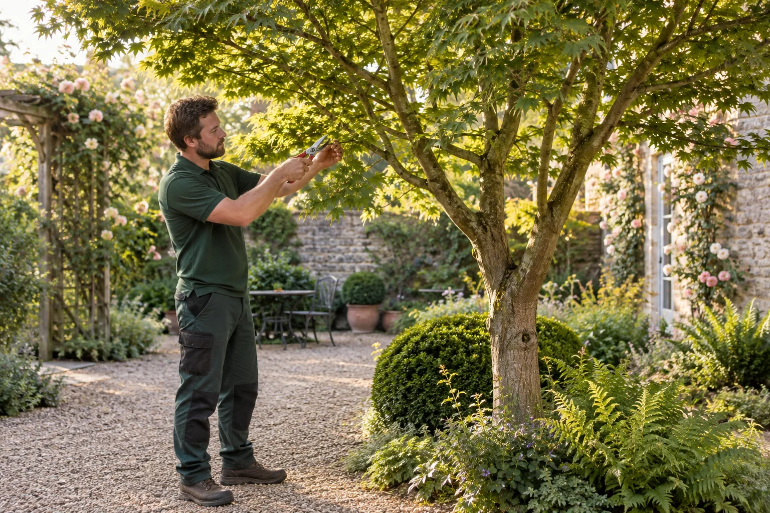 Careful pruning of a garden tree branch