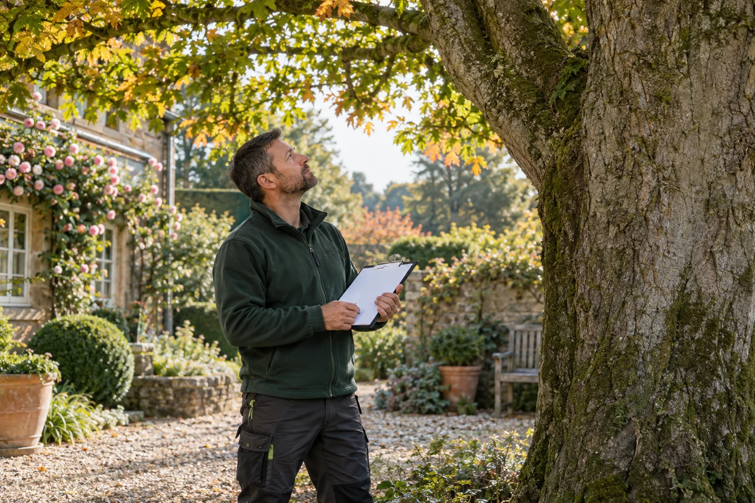 Arborist assessing a mature tree from ground level
