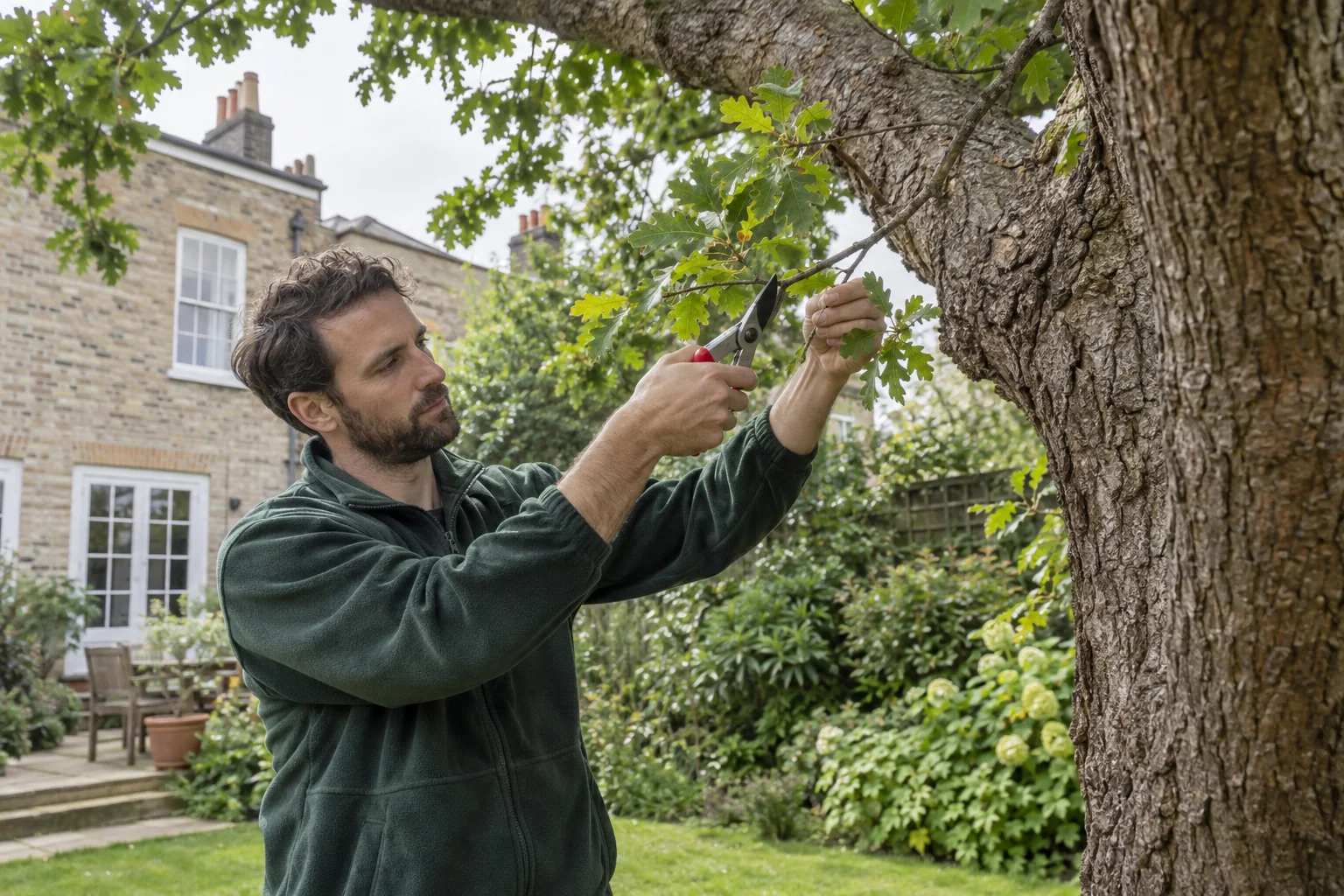 Careful pruning of a garden tree branch