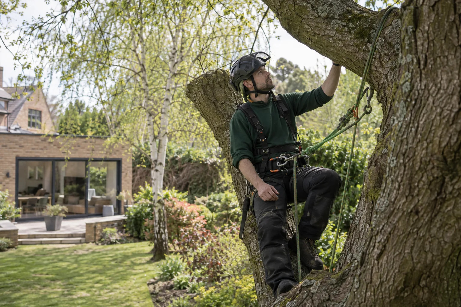 Roped arborist inspecting branching structure