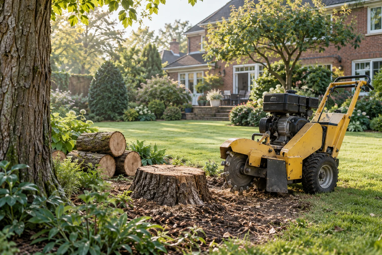 Stationary stump grinder beside a garden stump