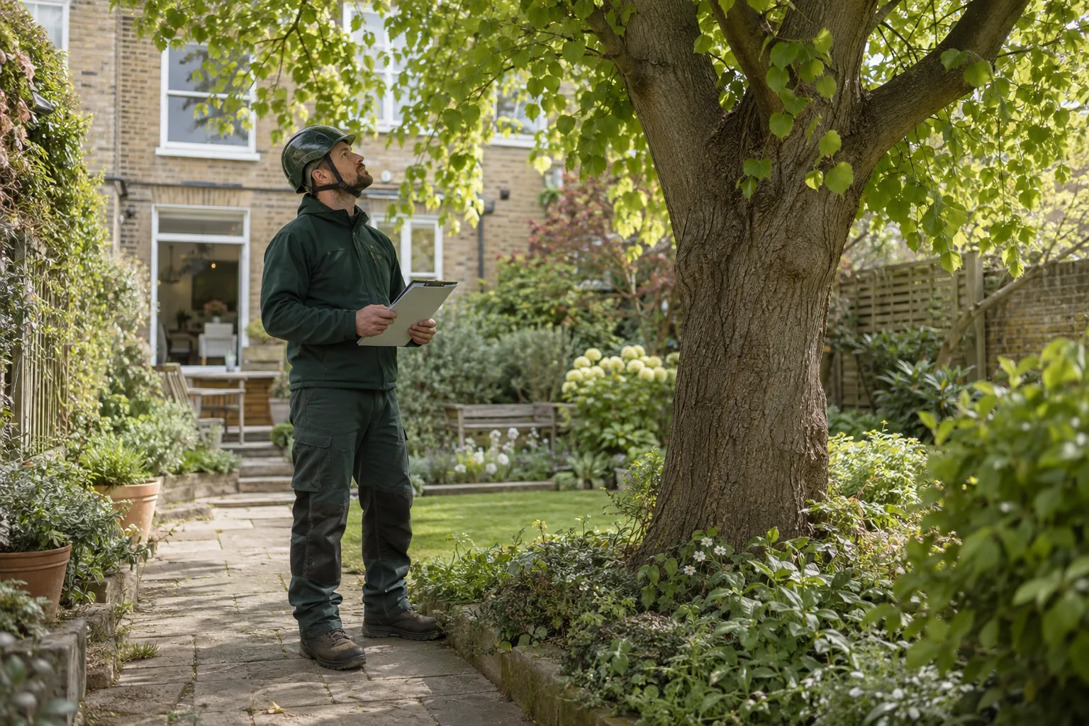 Arborist assessing a mature tree from ground level