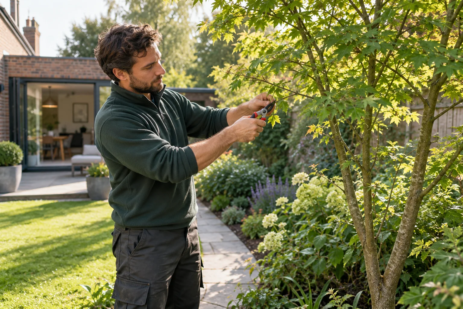 Careful pruning of a garden tree branch